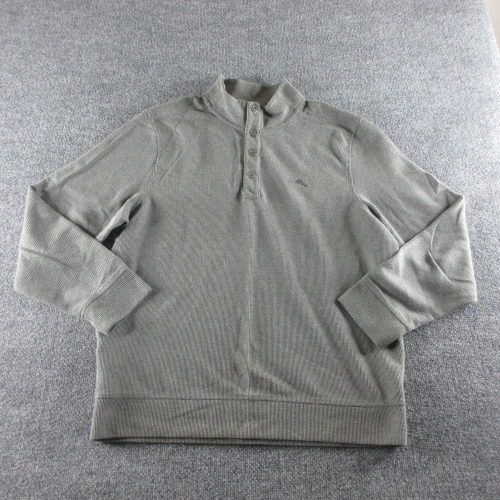 Tommy Bahama Sweater Mens L Gray Henley Mock Neck Waffle Knit Thermal Pullover
